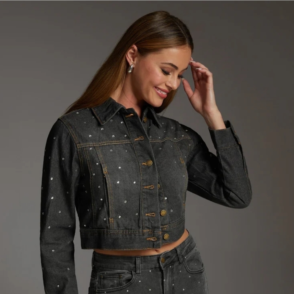 BEBE Black Denim Jacket with Rhinestones